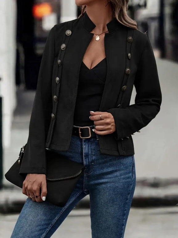 Solide, kurze Jacke, zweireihig, dekoratives Design, modisch, Retro, Wildleder, langärmelig, Oberbekleidung, Tops, Mantel für Damen