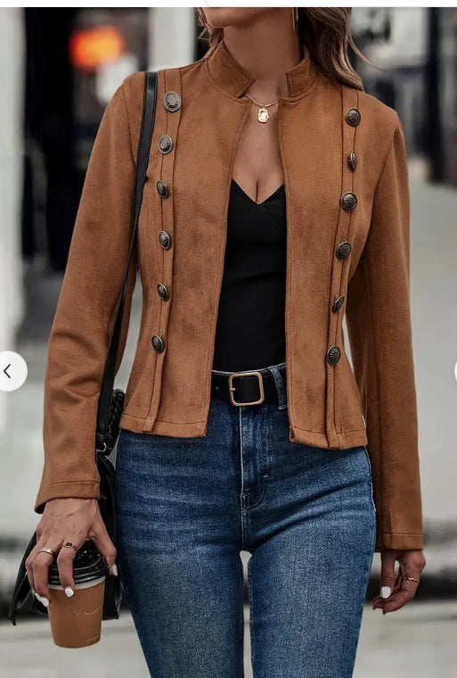 Solide, kurze Jacke, zweireihig, dekoratives Design, modisch, Retro, Wildleder, langärmelig, Oberbekleidung, Tops, Mantel für Damen