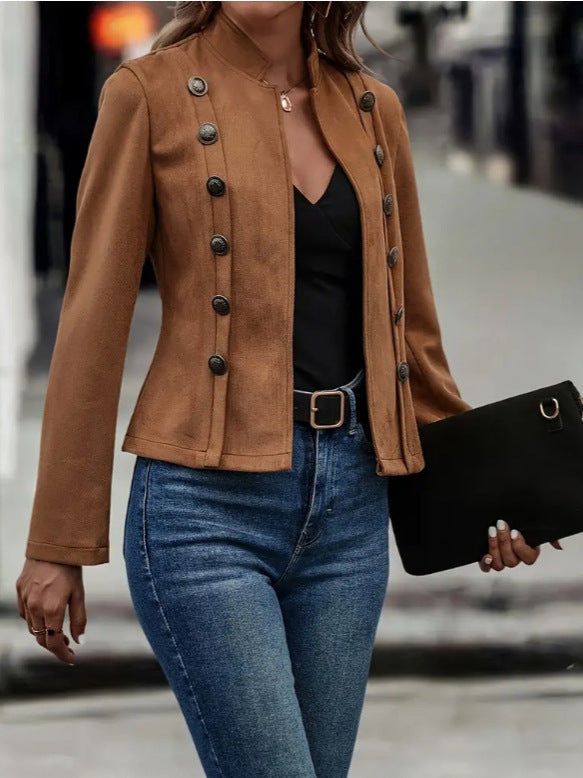 Solide, kurze Jacke, zweireihig, dekoratives Design, modisch, Retro, Wildleder, langärmelig, Oberbekleidung, Tops, Mantel für Damen