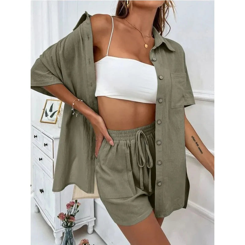 Einfarbig Beiläufige Lose Kurze Hosen Sets Für Frauen 2024 Elegante Sommer frauen Zwei Stücke Anzug Vollständigen Satz Weiblichen outfit Kleidung