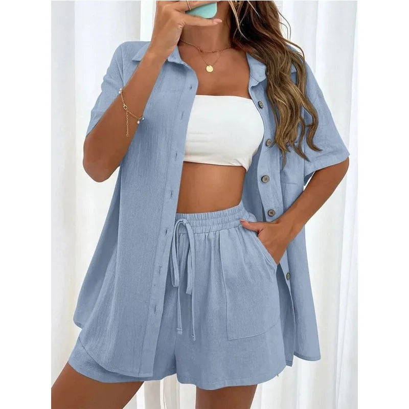 Einfarbig Beiläufige Lose Kurze Hosen Sets Für Frauen 2024 Elegante Sommer frauen Zwei Stücke Anzug Vollständigen Satz Weiblichen outfit Kleidung