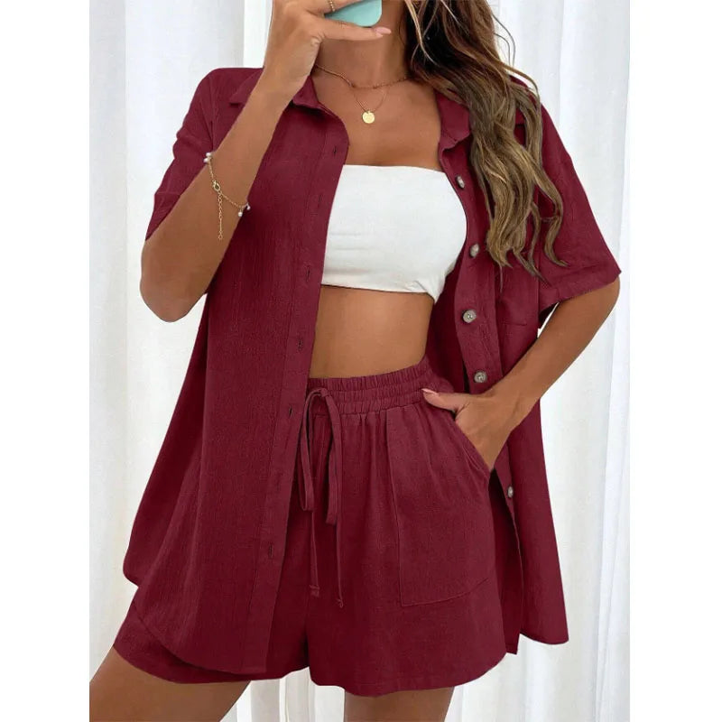 Einfarbig Beiläufige Lose Kurze Hosen Sets Für Frauen 2024 Elegante Sommer frauen Zwei Stücke Anzug Vollständigen Satz Weiblichen outfit Kleidung