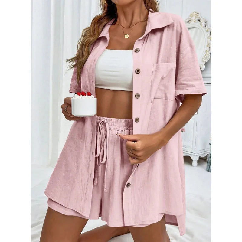 Einfarbig Beiläufige Lose Kurze Hosen Sets Für Frauen 2024 Elegante Sommer frauen Zwei Stücke Anzug Vollständigen Satz Weiblichen outfit Kleidung