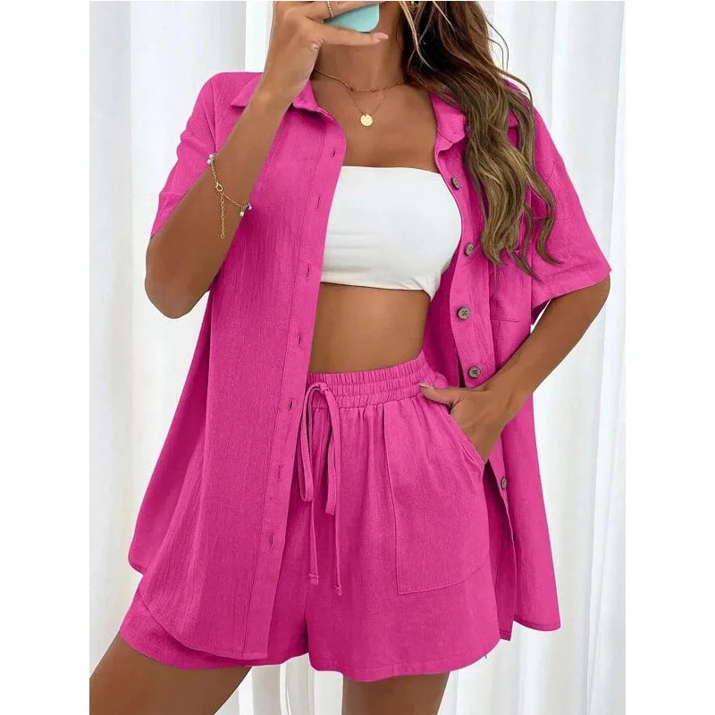 Einfarbig Beiläufige Lose Kurze Hosen Sets Für Frauen 2024 Elegante Sommer frauen Zwei Stücke Anzug Vollständigen Satz Weiblichen outfit Kleidung