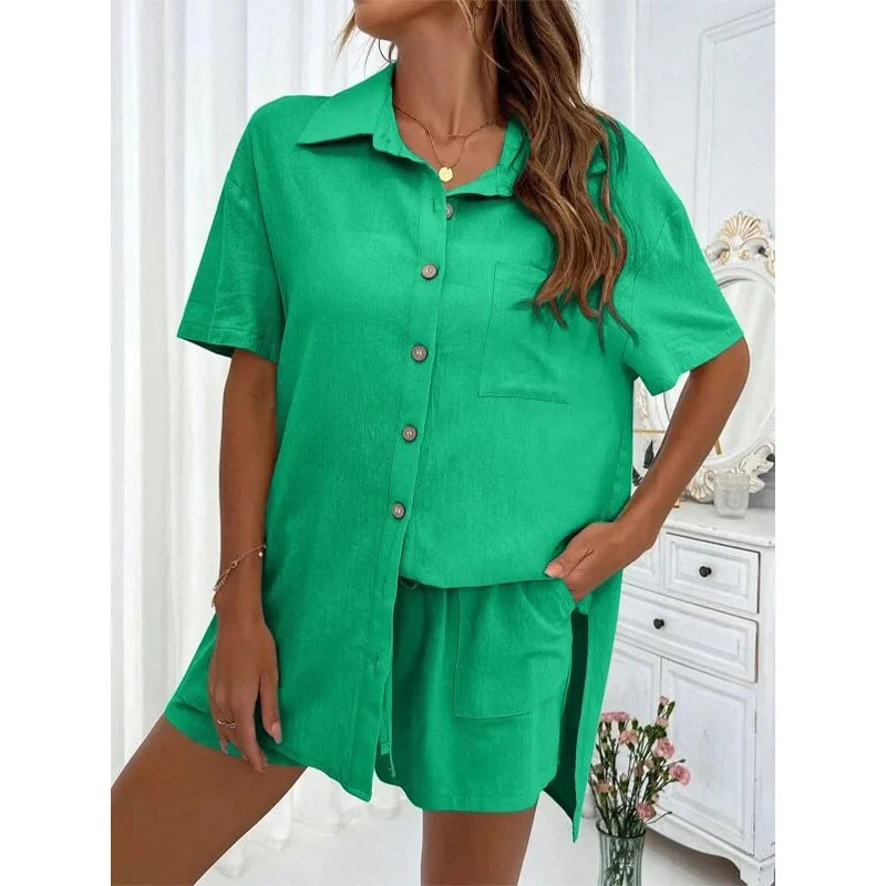 Einfarbig Beiläufige Lose Kurze Hosen Sets Für Frauen 2024 Elegante Sommer frauen Zwei Stücke Anzug Vollständigen Satz Weiblichen outfit Kleidung