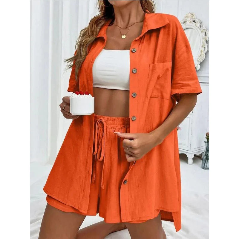 Einfarbig Beiläufige Lose Kurze Hosen Sets Für Frauen 2024 Elegante Sommer frauen Zwei Stücke Anzug Vollständigen Satz Weiblichen outfit Kleidung
