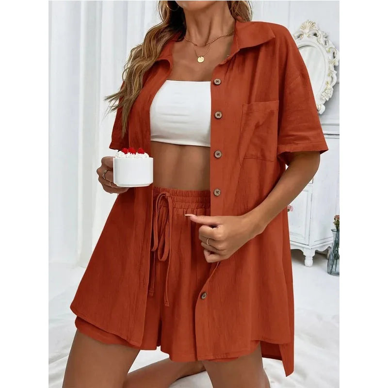 Einfarbig Beiläufige Lose Kurze Hosen Sets Für Frauen 2024 Elegante Sommer frauen Zwei Stücke Anzug Vollständigen Satz Weiblichen outfit Kleidung