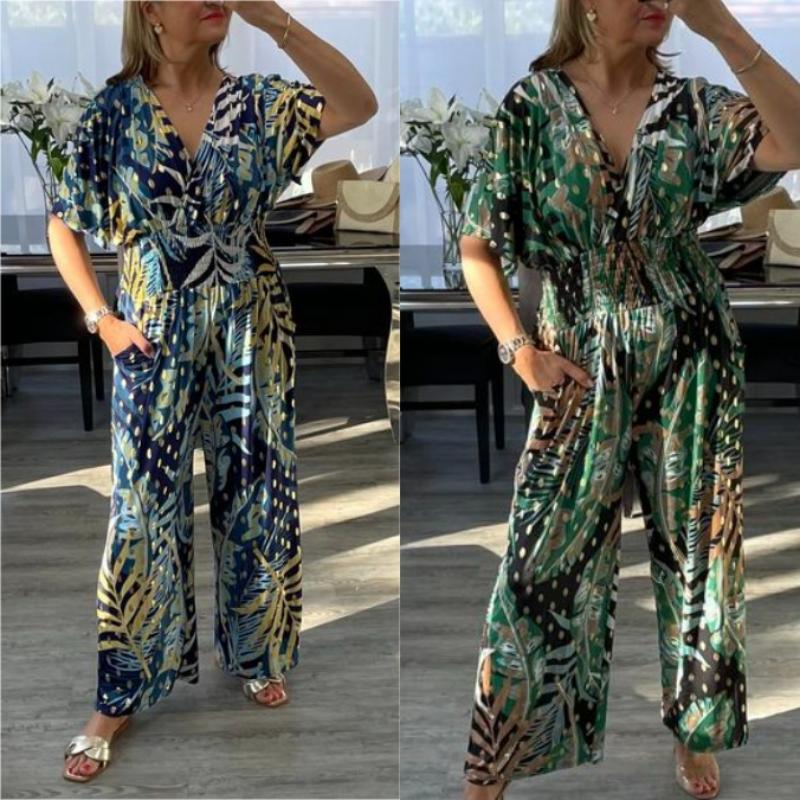 🥻Stylish Summer Jersey, Large Leaf Print, Elastic Waist