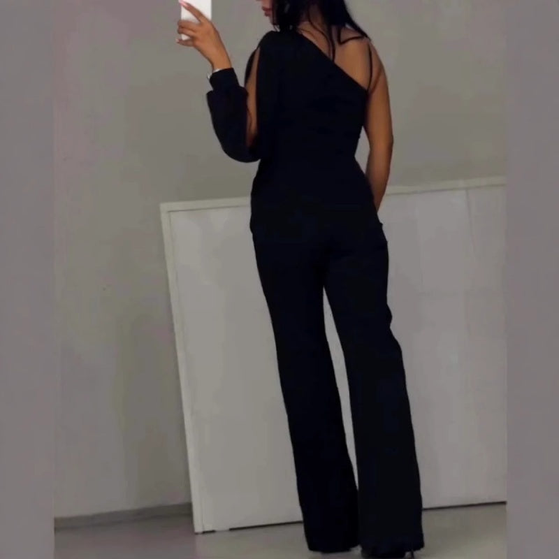 Women's One-Shoulder Jumpsuit in Glittery Mesh with Flared Top
