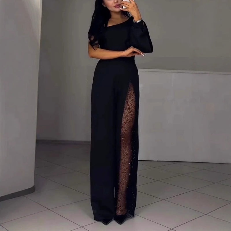 Women's One-Shoulder Jumpsuit in Glittery Mesh with Flared Top