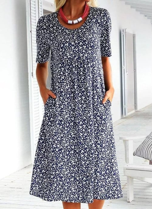 🎁Self-Tie Women Scoop Neck Floral Dress (8 Colors with Pockets)