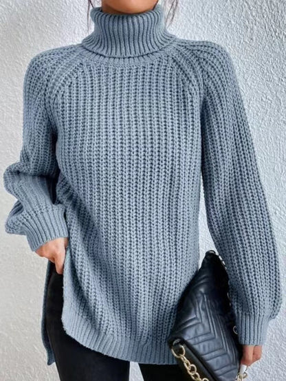 Big Sale‼️Cotton Sweater with Turtleneck and Raglan Sleeves with Split Hem