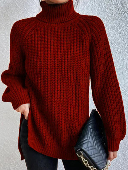 Big Sale‼️Cotton Sweater with Turtleneck and Raglan Sleeves with Split Hem