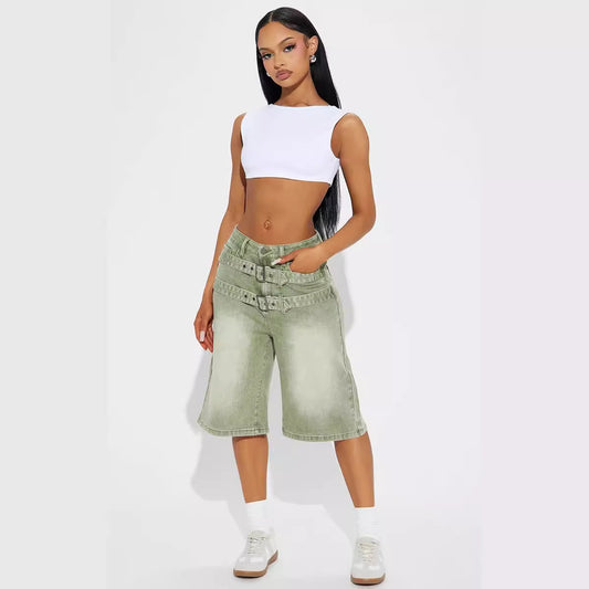 Pantalon court ample délavé à double ceinture et boucle réglable