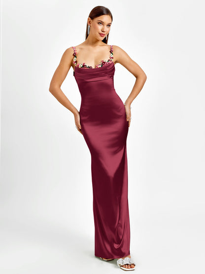 Embellished Strap Tie Back Satin Bodycon Dress