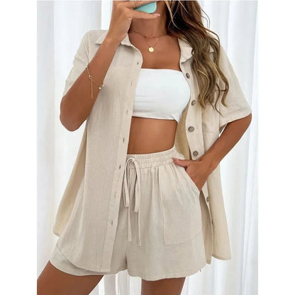 Ensemble de pantalons courts amples décontractés de couleur unie pour femmes 2024 Costume deux pièces élégant d'été pour femmes Ensemble complet Tenue féminine Vêtements 