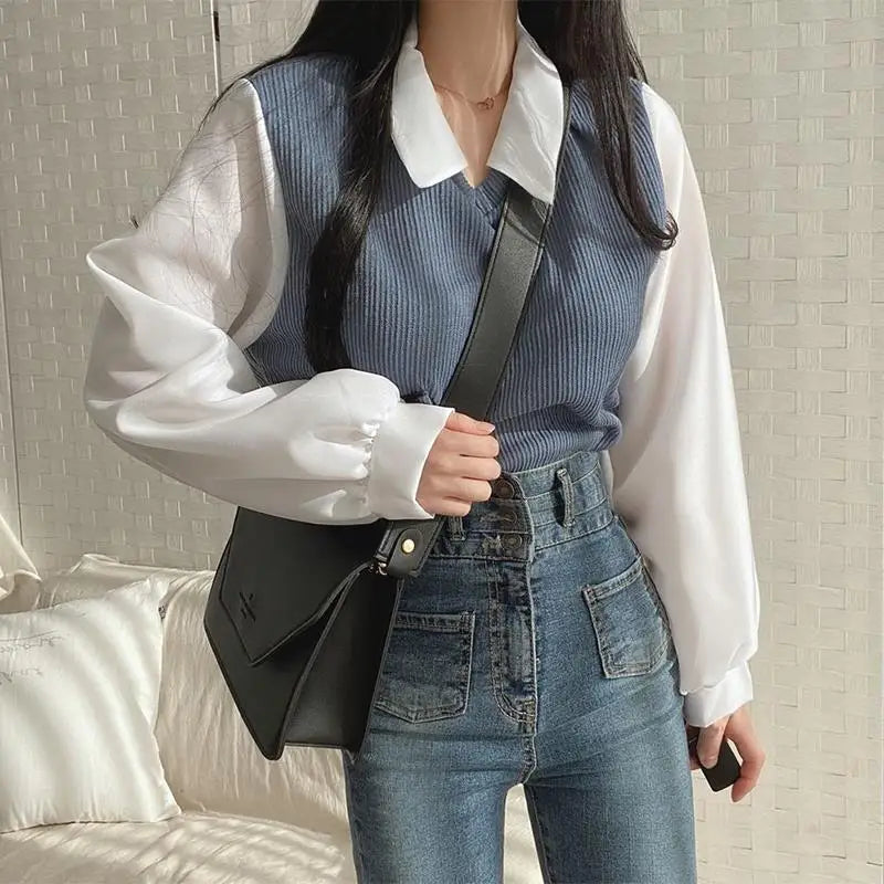 T-shirt à manches longues et col rabattu pour femme, faux deux pièces, patchwork, ample, coréen, automne et printemps, CDPF-WYP-6890 