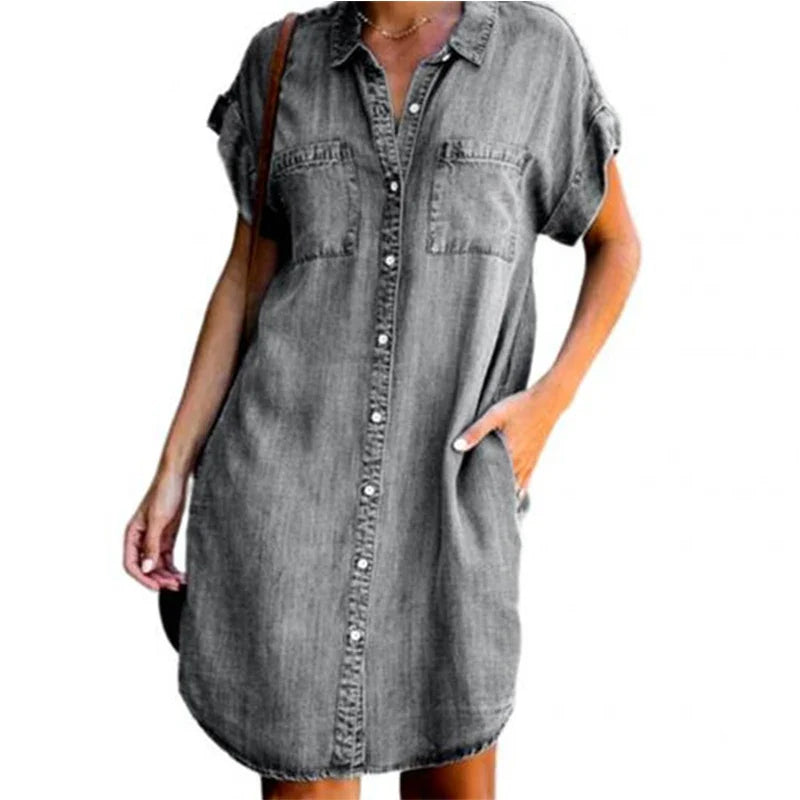 Robe chemise en jean à manches courtes pour femmes, robe en jean vieilli, boutonnée, tunique décontractée 