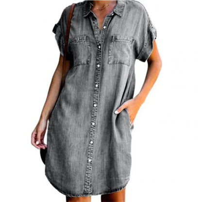 Robe chemise en jean à manches courtes pour femmes, robe en jean vieilli, boutonnée, tunique décontractée 