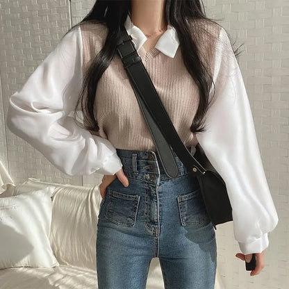 T-shirt à manches longues et col rabattu pour femme, faux deux pièces, patchwork, ample, coréen, automne et printemps, CDPF-WYP-6890 