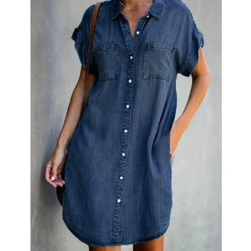Robe chemise en jean à manches courtes pour femmes, robe en jean vieilli, boutonnée, tunique décontractée 