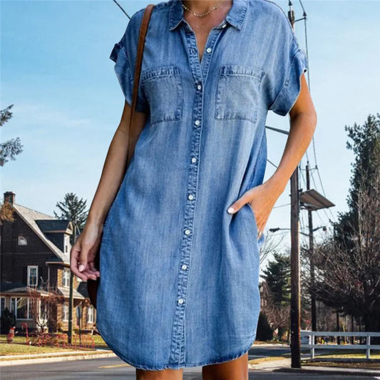 Damen Jeanshemdkleider, kurzärmelig, Used-Look, Knopfleiste, lässiges Tunika-Top 