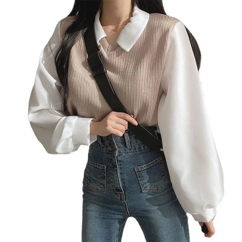 T-shirt à manches longues et col rabattu pour femme, faux deux pièces, patchwork, ample, coréen, automne et printemps, CDPF-WYP-6890 