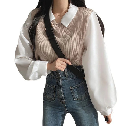 T-shirt à manches longues et col rabattu pour femme, faux deux pièces, patchwork, ample, coréen, automne et printemps, CDPF-WYP-6890 