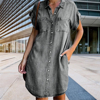 Robe chemise en jean à manches courtes pour femmes, robe en jean vieilli, boutonnée, tunique décontractée 