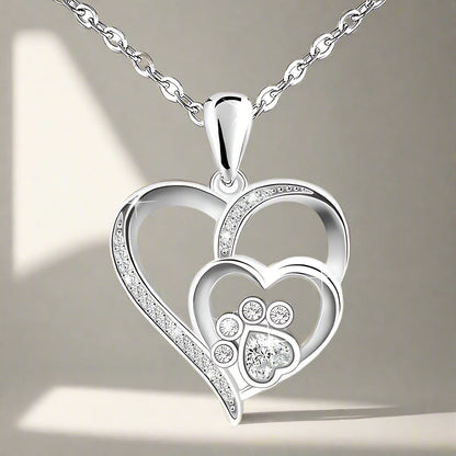 Zahira™ | Silver Necklace Paw Print & Heart with Zirconia Stones
