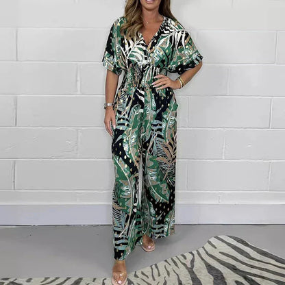 🥻Stylish Summer Jersey, Large Leaf Print, Elastic Waist