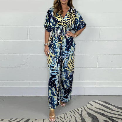 🥻Stylish Summer Jersey, Large Leaf Print, Elastic Waist