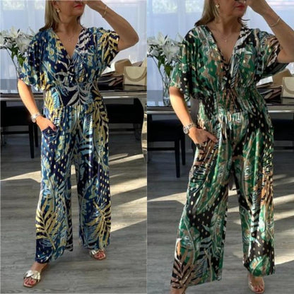 🥻Stylish Summer Jersey, Large Leaf Print, Elastic Waist