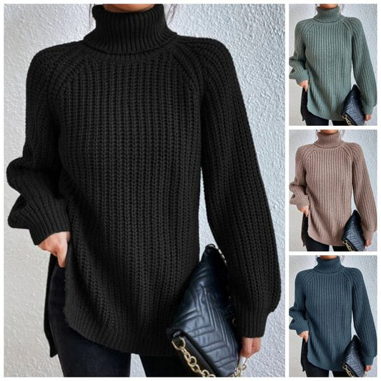 Big Sale‼️Cotton Sweater with Turtleneck and Raglan Sleeves with Split Hem