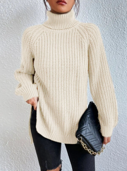 Big Sale‼️Cotton Sweater with Turtleneck and Raglan Sleeves with Split Hem