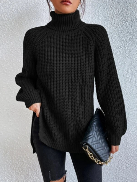 Big Sale‼️Cotton Sweater with Turtleneck and Raglan Sleeves with Split Hem