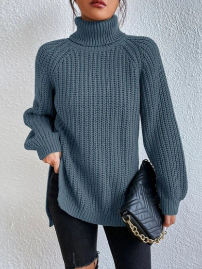 Big Sale‼️Cotton Sweater with Turtleneck and Raglan Sleeves with Split Hem