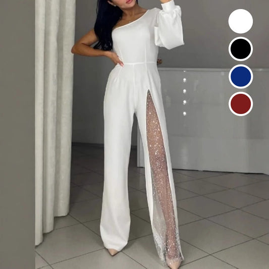 Women's One-Shoulder Jumpsuit in Glittery Mesh with Flared Top