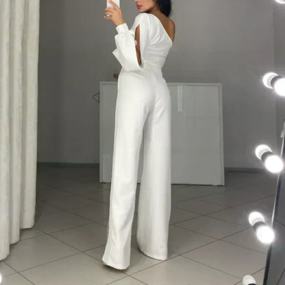 Women's One-Shoulder Jumpsuit in Glittery Mesh with Flared Top