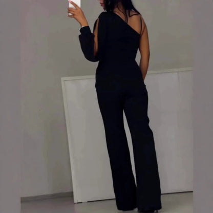 Women's One-Shoulder Jumpsuit in Glittery Mesh with Flared Top