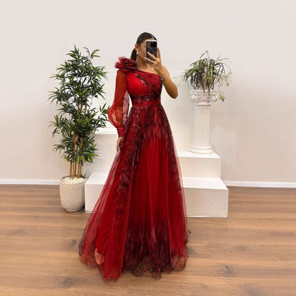 Women's Fashionable Printed Mesh Slant Shoulder Dress