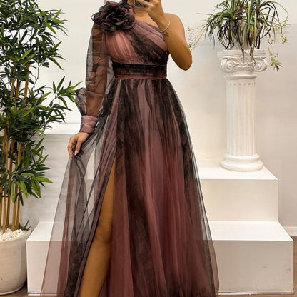 Women's Fashionable Printed Mesh Slant Shoulder Dress